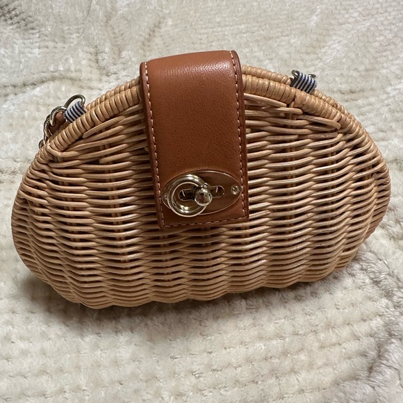 J. McLaughlin Handbags - J. McLaughlin Tan Woven Wicker Clutch Crossbody Bag with Leather & Gold Accents